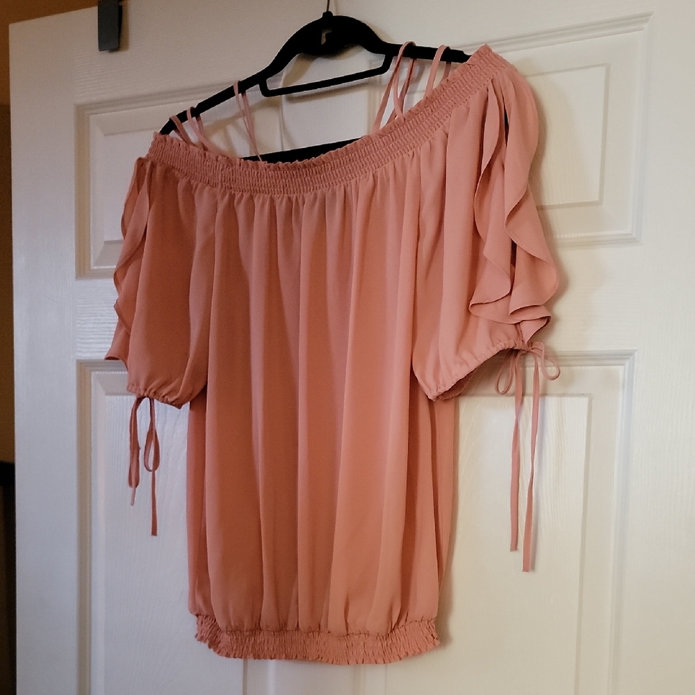 New York & Company Pink Ruched Short Sleeve Blouse